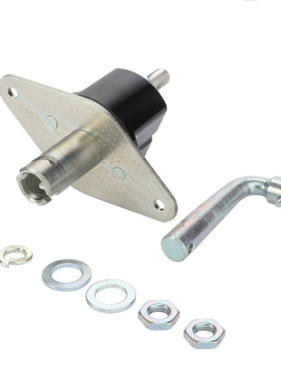 The AGCO Sender - D45059800 is an electrical component featuring a metal plate, a connected cylindrical attachment, and an adjacent L-shaped metal part. The package also includes various washers, nuts, and a split washer. No current product description information is available.