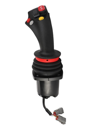 An AGCO joystick featuring several red, yellow, and white buttons, a grip handle, and connected wires at the base.