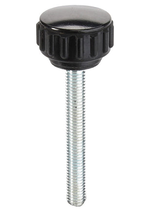 A black AGCO Knob - Acp0424630 with a threaded metal shaft stands vertically against a white background.