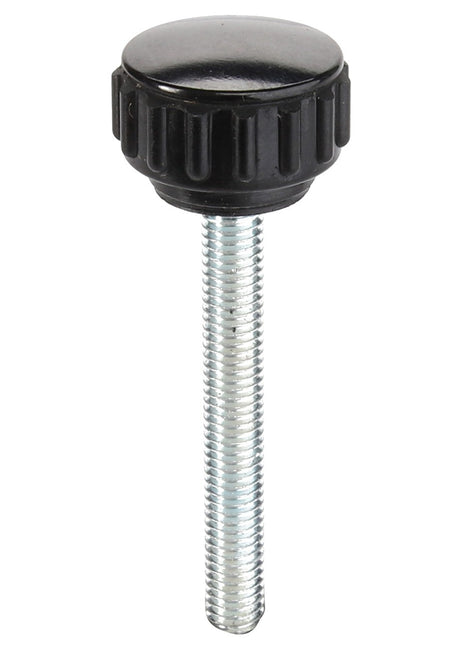 A black AGCO Knob - Acp0424630 with a threaded metal shaft stands vertically against a white background.