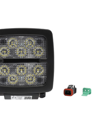 AGCO's WARNING DECAL - ACP0535030 features a square LED vehicle light with eight individual bulb units, renowned for its durability and efficiency. It comes complete with a wiring connector, terminal pins, and a green rubber seal.