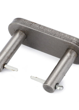 A rectangular metal bracket with two cylindrical pegs, secured with two cotter pins, designed for optimal performance in AGCO's Chain Link, Front Elevator - D42350800.