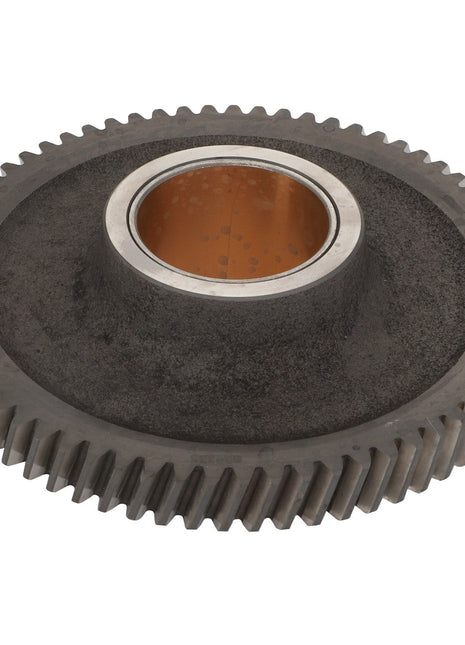 A metal gear labeled as AGCO | Idler Gear - V836138354, featuring a bronze-colored inner ring and evenly spaced teeth around its perimeter, is shown. No current product description available for this product.