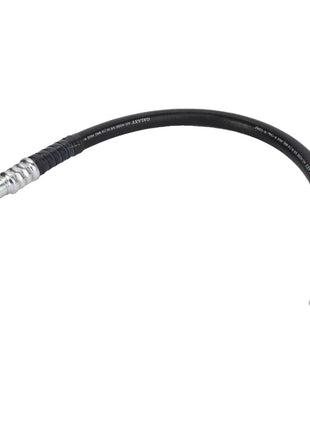 The AGCO Hydr. Hose - Acp0301200 is a flexible black hose equipped with metal connectors on both ends, featuring a hexagonal fitting on one end and a barbed fitting on the other. No current product description is available to provide further details regarding its specifications.
