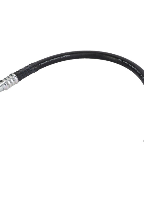 The AGCO Hydr. Hose - Acp0301200 is a flexible black hose equipped with metal connectors on both ends, featuring a hexagonal fitting on one end and a barbed fitting on the other. No current product description is available to provide further details regarding its specifications.