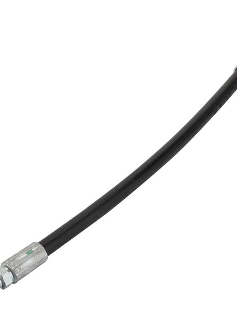 AGCO | Hydraulic Hose - Acw2783320: Black rubber hydraulic hose from AGCO, featuring high-performance, abrasion-resistant coverings and equipped with metal fittings at both ends—one straight and one angled.