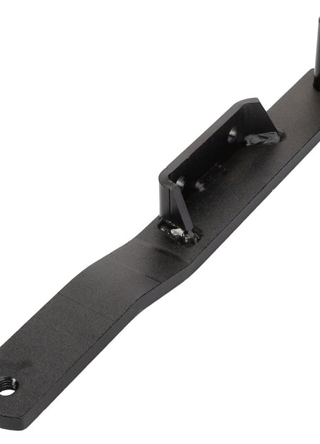 The AGCO RIGHT HAND ARM - D28485460 is a black metal bracket featuring a rounded peg and mounting hole. It is likely used for securing or aligning components in machinery or equipment. No further product description information is currently available.