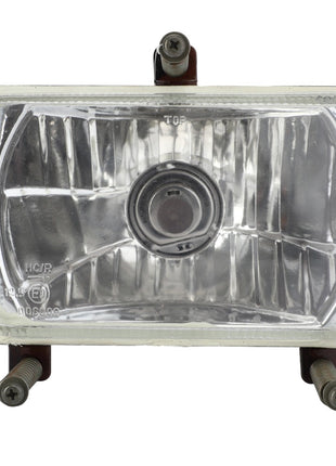 An AGCO Genuine Headlight, model ACP0377740, features a rectangular, front-facing design with a clear lens and is securely mounted on a metal bracket with four visible bolts. Designed specifically for tractor headlights, it ensures durability and reliability.