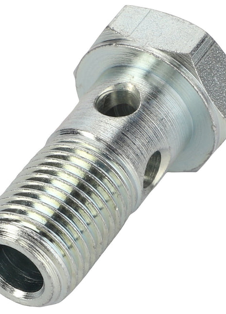 The AGCO Banjo Bolt - Acp0343790 is a metal hydraulic component with two side holes and one end opening, designed with threading and a hexagonal head for secure and precise adjustments.