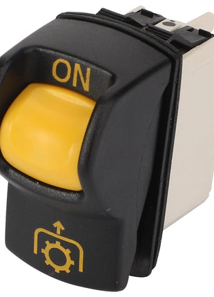 Introducing the AGCO Switch - Acp0331380, a black and yellow electrical switch featuring the word "ON" and a gear symbol indicating power. No current product description is available for this item.