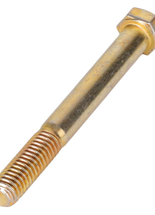 A close-up image captures the AGCO | HEXAGONAL HEAD BOLT - AG562013 with a gold-colored, partially threaded shaft, highlighting its fine details.