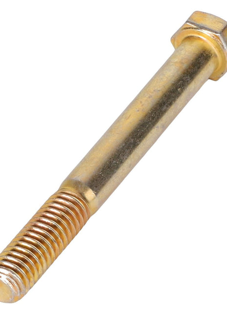 A close-up image captures the AGCO | HEXAGONAL HEAD BOLT - AG562013 with a gold-colored, partially threaded shaft, highlighting its fine details.