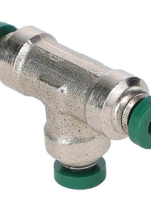Introducing the AGCO | TEE FITTING - AG516206, a metallic T-shaped pipe fitting featuring green stoppers at each end.