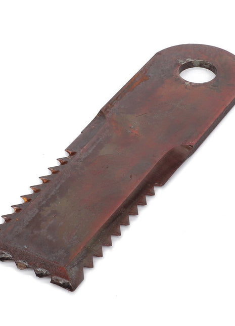 Rusty serrated metal tool with a flat, rectangular shape and a circular hole at one end, resembling the AGCO Straw Chopper Rotor Knife - D49062900.