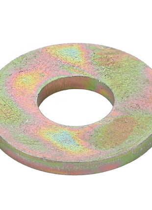 The AGCO | FLAT WASHER - D20400512 is a circular metal washer with a central hole and a slightly iridescent surface finish. Currently, no additional product description information is available.
