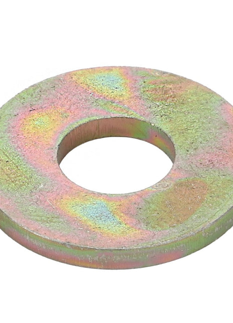 The AGCO | FLAT WASHER - D20400512 is a circular metal washer with a central hole and a slightly iridescent surface finish. Currently, no additional product description information is available.