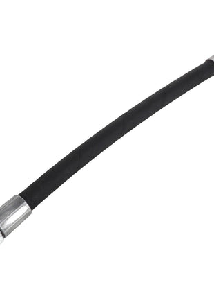 The AGCO | HOSE - AL5050252 is a flexible black hydraulic hose equipped with metal fittings on both ends, displayed against a white background. No current product description information is available.