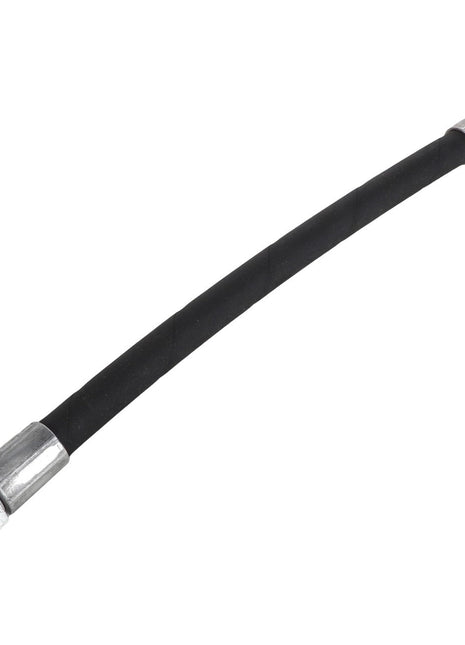 The AGCO | HOSE - AL5050252 is a flexible black hydraulic hose equipped with metal fittings on both ends, displayed against a white background. No current product description information is available.