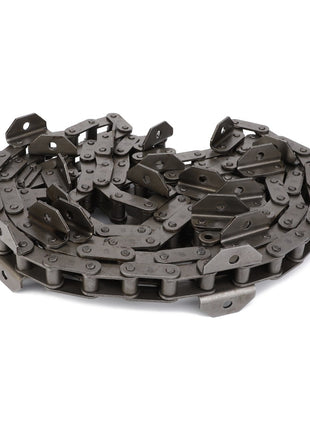 The AGCO Chain, Front Elevator Feeder Chain - D28285326, is a coiled industrial metal chain with multiple interconnected links and plates, engineered by AGCO for superior performance in machinery.