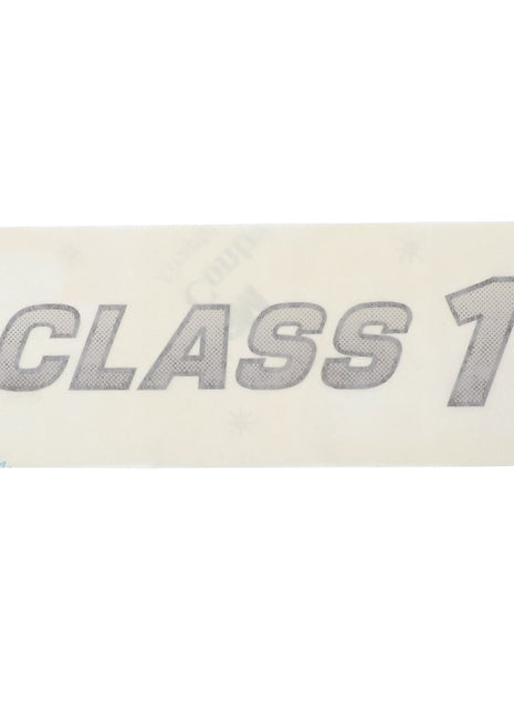 Introducing the AGCO Decal - Acw3856330, featuring a rectangular design with "CLASS 1" printed in bold, gray, italicized letters on a pristine white background. Proudly brought to you by AGCO. No additional product description is available at this time.