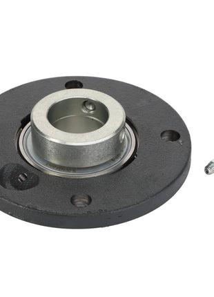 Product Overview: The AGCO Bearing and Flange Assembly (D41707801) is a pre-assembled round mechanical component featuring a central metal cylinder surrounded by a black circular base equipped with three bolt holes. Alongside the bearing, a small green cap and a metal fitting are included.