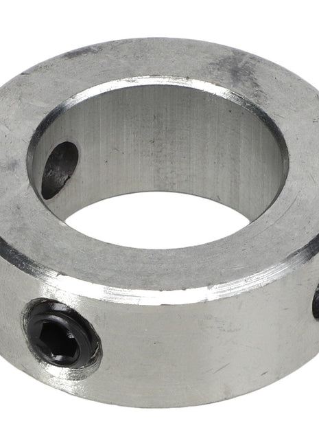 Introducing the AGCO | COLLAR - AG703883 by AGCO, a metal shaft collar designed with a circular shape and two screw holes. This collar features a hexagonal set screw for securely attaching it onto a shaft.