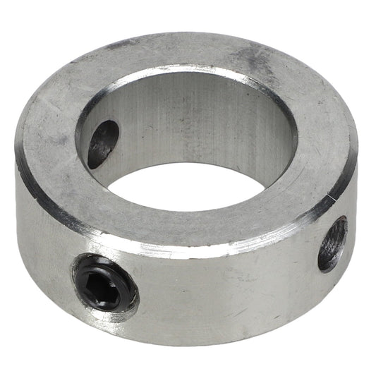 Introducing the AGCO | COLLAR - AG703883 by AGCO, a metal shaft collar designed with a circular shape and two screw holes. This collar features a hexagonal set screw for securely attaching it onto a shaft.