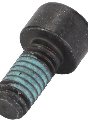 Close-up of an AGCO Socket Head Setscrew - Acw1064140 with a black hex socket cap and a threaded section featuring blue coloration, possibly due to threadlocker or anti-seize compound. Note: No additional product description available.
