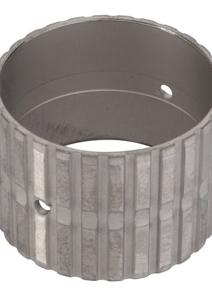 Currently, there is no product description available for the AGCO SLEEVE BUSHING - V30385600, a metallic cylindrical component with a grooved exterior and two small circular holes.