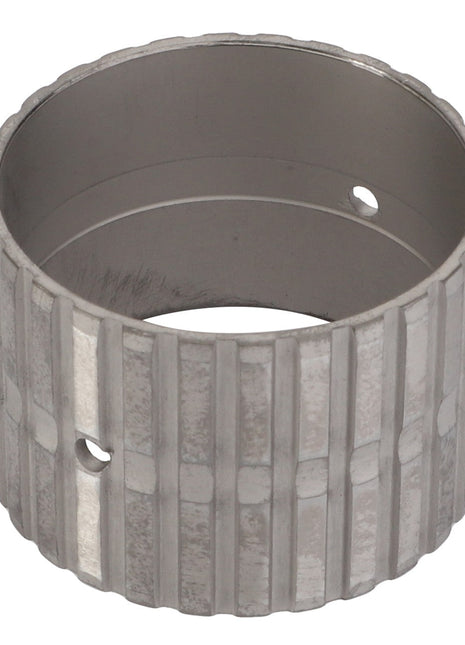 Currently, there is no product description available for the AGCO SLEEVE BUSHING - V30385600, a metallic cylindrical component with a grooved exterior and two small circular holes.