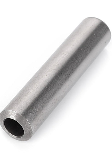 An AGCO Valve Guide, model V836136051, characterized by its sleek, cylindrical metal tube with a hollow center and smooth surface, rests at an angle on a pristine white background.