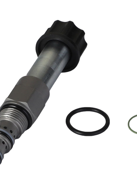 The AGCO Proportional Valve - ACW0827180 features a metal hydraulic construction, a black knob, and two separate O-rings (one black and one green), but lacks additional product description information to provide more relevant contextual keywords.