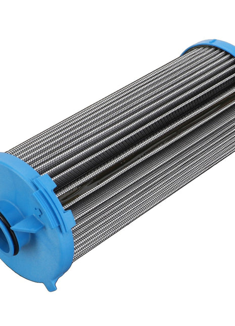 The AGCO Hydraulic Filter Cartridge - Acx0102830 is a blue, cylindrical filter with a pleated metal mesh, ideal for maintaining hydraulic components and extending equipment service life.