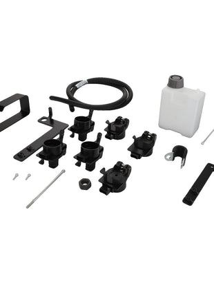 A collection of black mounting brackets, plastic clamps, screws, a bottle, and a hose positioned against a white background from AGCO's Oil Collector - Acw051169A.