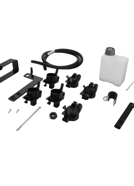 A collection of black mounting brackets, plastic clamps, screws, a bottle, and a hose positioned against a white background from AGCO's Oil Collector - Acw051169A.