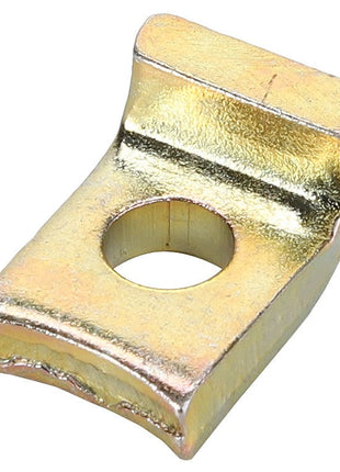 AGCO | Clip - F149200710240: A small, golden-colored metal bracket with a curved shape and a central hole, branded by AGCO.