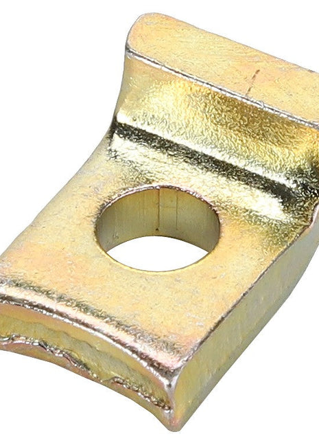 AGCO | Clip - F149200710240: A small, golden-colored metal bracket with a curved shape and a central hole, branded by AGCO.