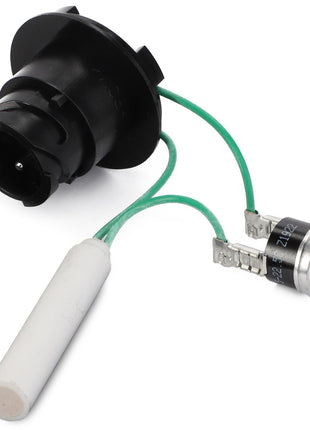 No current product description information is available for the AGCO HEATER - F931882140030, which is a cylindrical electronic component featuring black housing, green wires connecting to a capacitor, and a white cylindrical part.