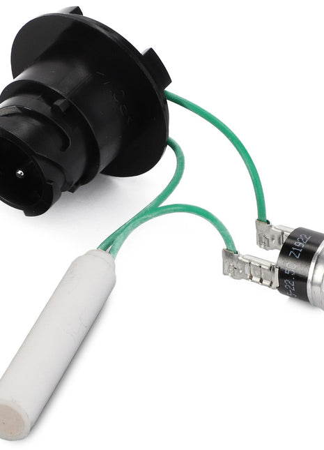 No current product description information is available for the AGCO HEATER - F931882140030, which is a cylindrical electronic component featuring black housing, green wires connecting to a capacitor, and a white cylindrical part.