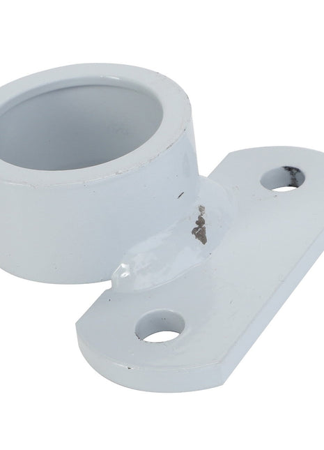 The AGCO BEARING BUSH - D28284458, by AGCO, is a white metal bracket featuring two mounting holes and a cylindrical holder, designed for securing a rod or pipe. Currently, no further product description information is available.