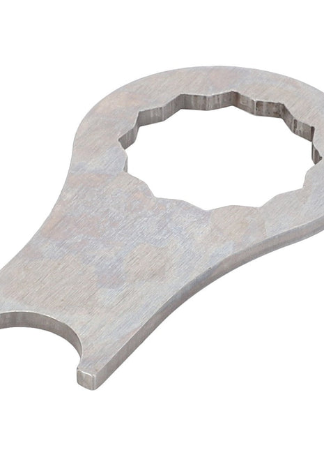 The AGCO | LOCKING PLATE - V30360500, produced by AGCO, is a flat metallic tool featuring an open-ended slot and a large octagonal cutout at its center. There is currently no additional product description information available for this item.