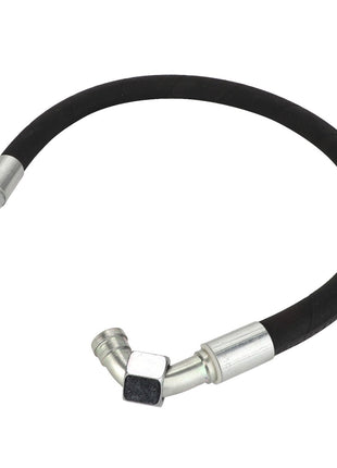 The AGCO | Hydraulic Hose - Acw2214080 is a black, abrasion-resistant hydraulic hose equipped with metal fittings on both ends, including a 90-degree bend fitting on one end.