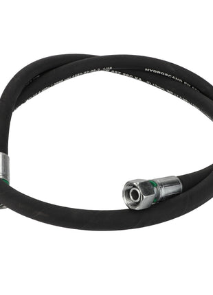 The AGCO Hose - Acw6166820 by AGCO is a black hydraulic hose featuring metallic connectors at both ends, coiled in a loop. No current product description information is available.