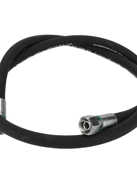 The AGCO Hose - Acw6166820 by AGCO is a black hydraulic hose featuring metallic connectors at both ends, coiled in a loop. No current product description information is available.