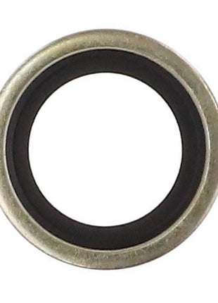 A close-up of the AGCO Seal - Acx3245990, viewed from the top, showcasing its intricate details and craftsmanship, highlighting the black inner ring and metal exterior.