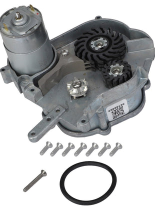 AGCO's Drive Motor, Precision Planting Speedtube - Acw1417710, featuring a small electric motor, multiple gears, screws, and a rubber ring gasket, is arranged on a white background. No current product description information is available.