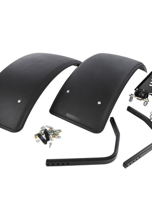 A pair of black motorcycle fenders, metal brackets, and assorted bolts and screws from the AGCO Front Mudguard Kit - Acw090170A are laid out on a white surface. No current product description information is available.