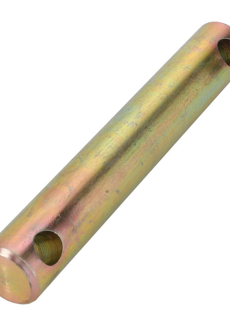 An AGCO PIN - V30925000 cylindrical metal rod with a yellowish hue, featuring two parallel holes drilled through its sides.