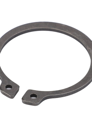 The AGCO LOCK WASHER - F718301020350, made of sturdy metal and featuring two small holes at the ends, is expertly designed for securing components on a shaft.