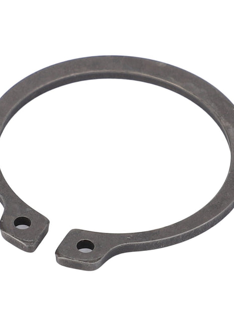 The AGCO LOCK WASHER - F718301020350, made of sturdy metal and featuring two small holes at the ends, is expertly designed for securing components on a shaft.